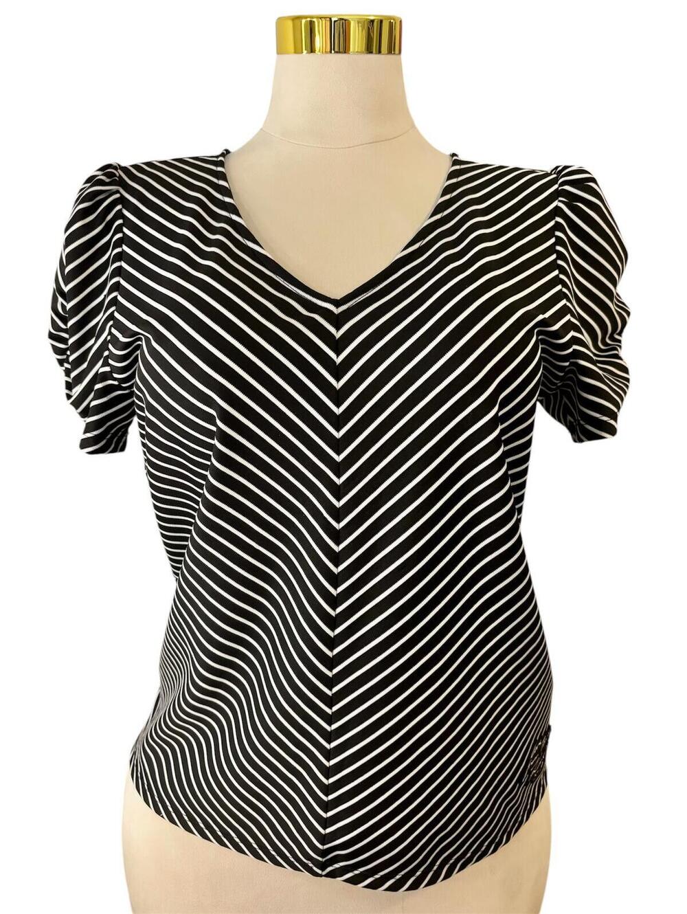 Karl Lagerfeld Paris V-Neck Top Women's M Black and White Striped Puff Sleeve
